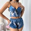 European & American Style Women's Pajama Set: Camisole & Bib Shorts with Printed Lingerie Design for Sexy Homewear