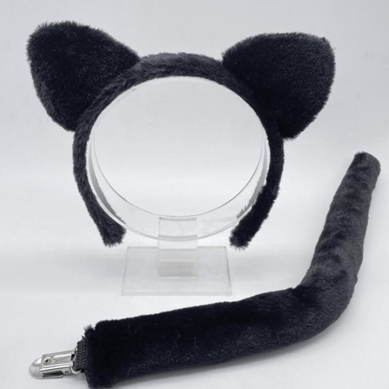 Furry Cats Ear Headpiece Lightweight Adjustable Design Role Play Headband and Tail For Halloween Cosplay Costume Parties