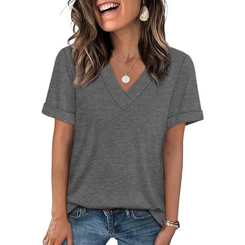 Women S Solid Color V Neck Short Sleeve Casual T Shirt