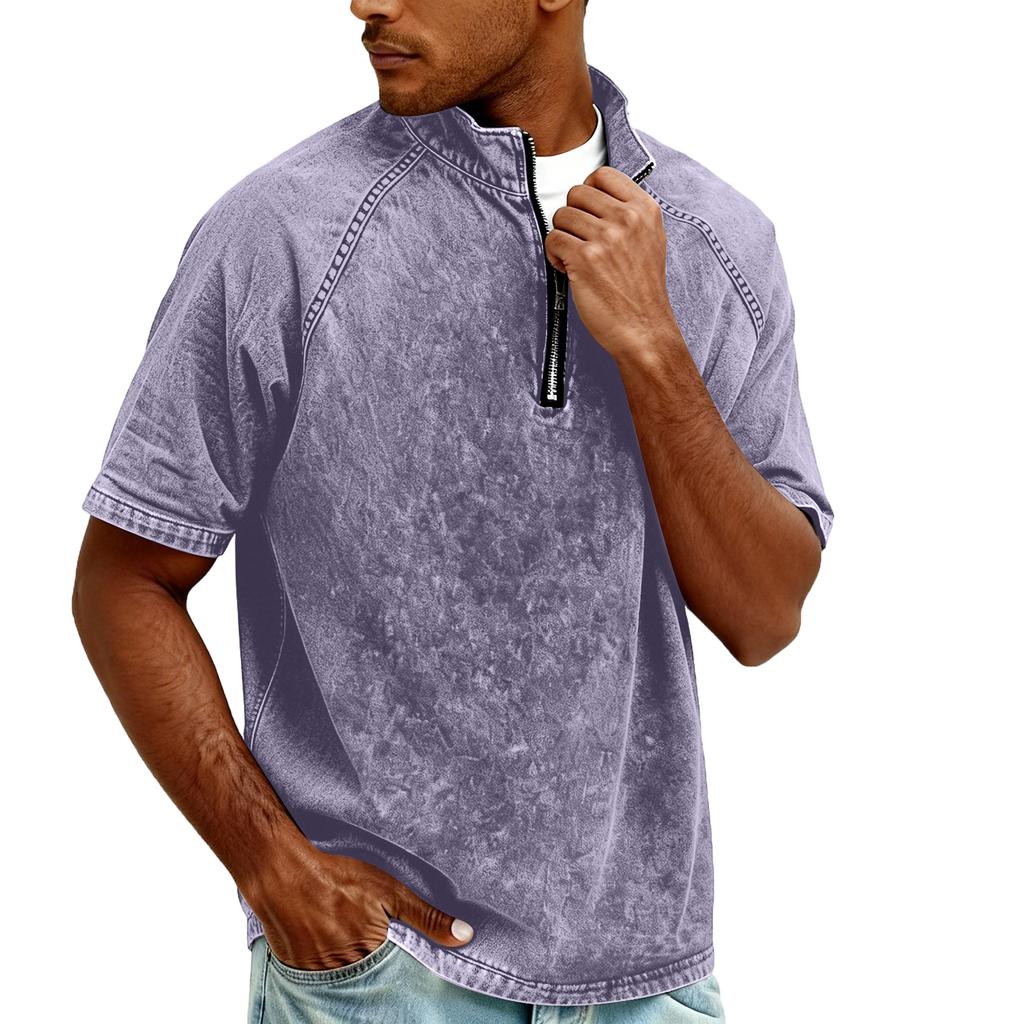 Men's Zipper Stand-up Collar Short-sleeved Distressed Washed Crewneck Casual Shirt