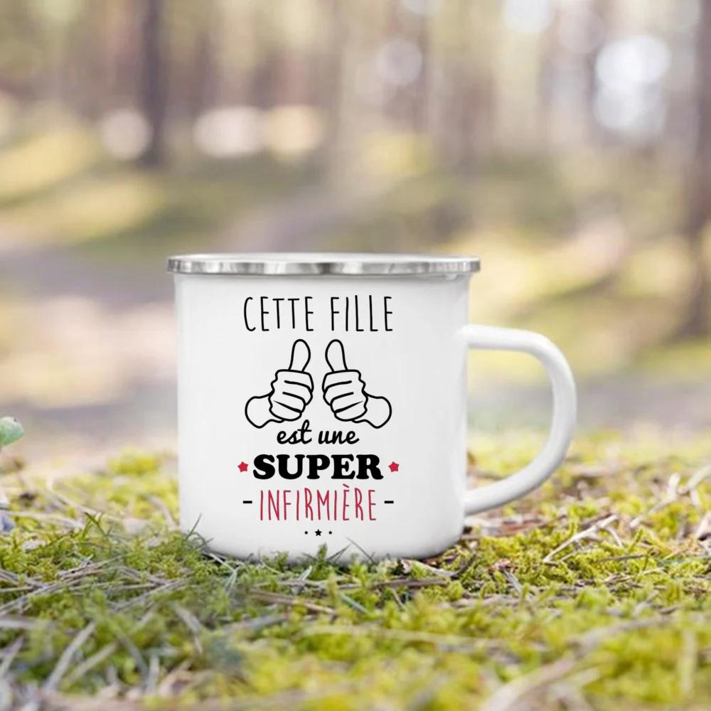 Beste Krankenschwester Französisch Bedruckte Emaille Tassen Kaffeebecher Trinken Wein Saft Tasse Dessert Kakao Milch Henkeltasse Bestes Geschenk für Infirmiere
