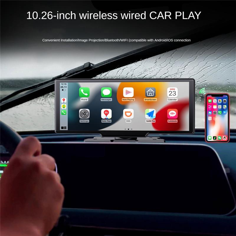Car Wireless Carplay Screen, Portable 10.26-Inch IPS Android Auto Wireless Car Screen, Driving Recorder