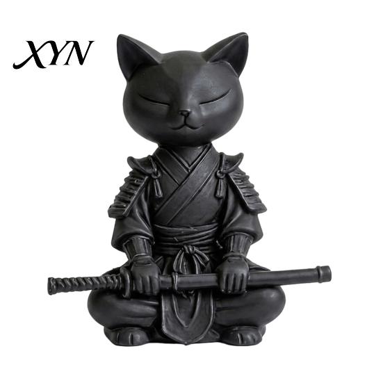 Modern Cat Art Piece 3D Printed Knight Figurine, Meditating Desk Decor with Zen Warrior Pose, Non-tip Sculpture Minimalist Frosted Animal for