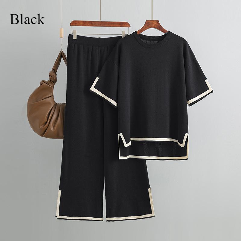 New Fashion Sweater Set Temperament Contrast Color Split Short-sleeved Knitwear + High Waist Slimming Wide-leg Trousers Long Pants Two-piece Set