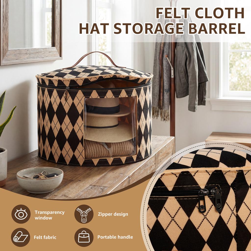 Hat Storage Box Large Circular Foldable Felt Hat Box with Zipper Dustproof Lid Travel Cap Boxes Wardrobe Organizers