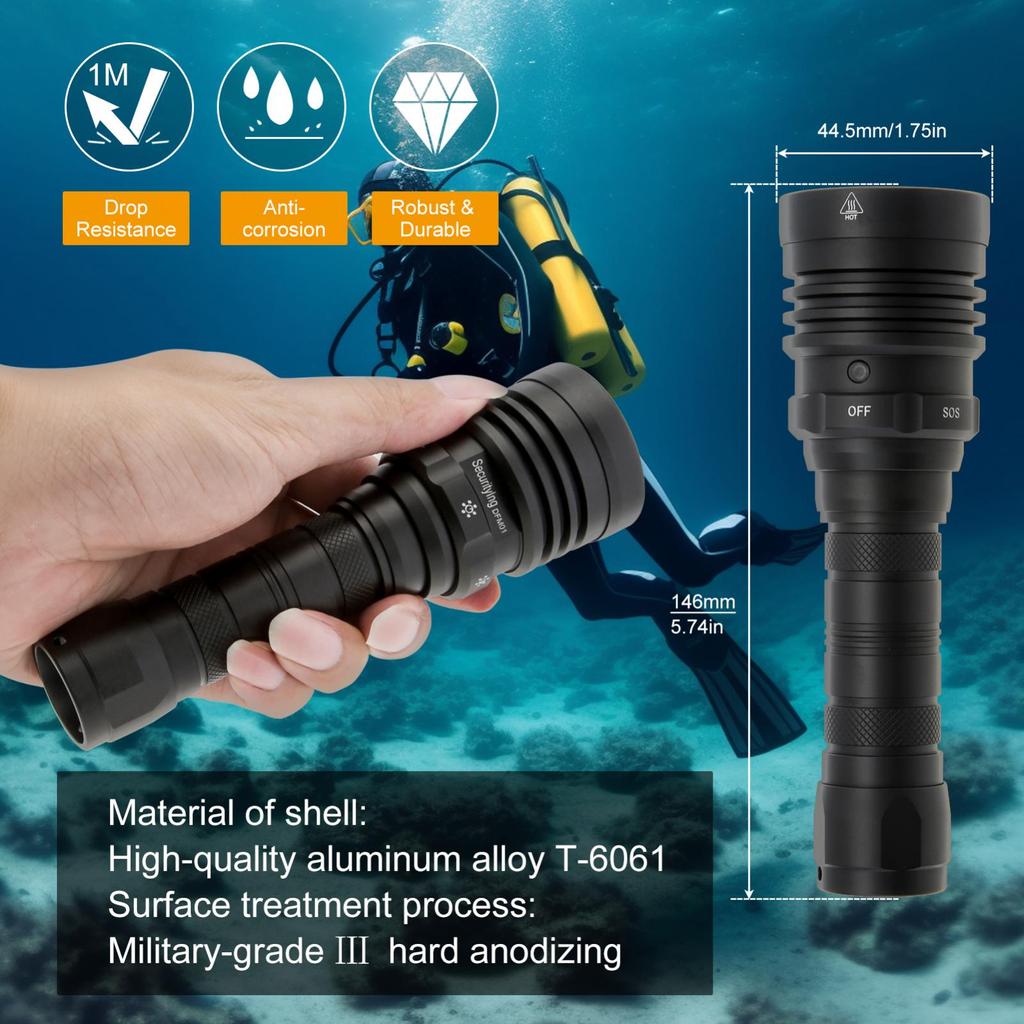 SecurityIng DFM01 1800LM 5 Modes Light Scuba Diving Flashlight for Diving with Magnetic Rotary Switch