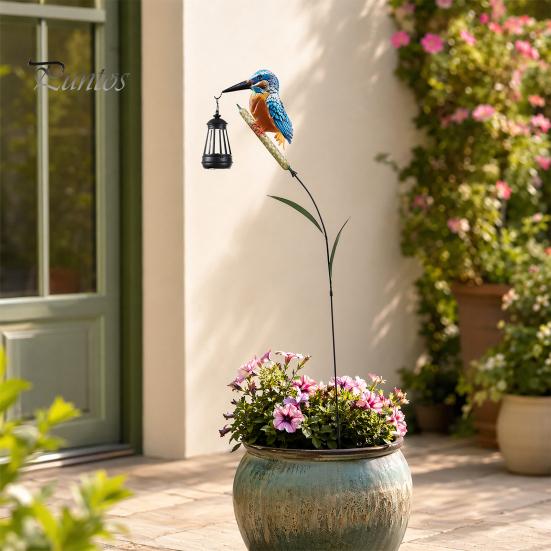 Decorative Solar Garden Stakes Kingfisher Stake Light, Metal Bird Yard Art with Hanging Lantern, Auto-On Landscape Lighting for Lawns LED Waterproof