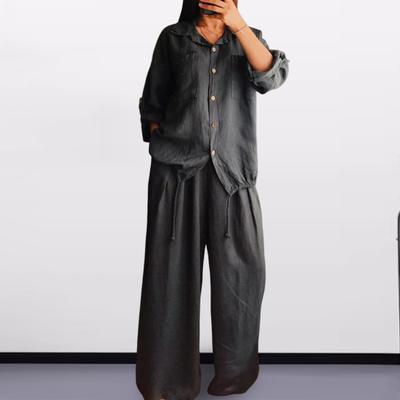 2 Teile/satz Frauen Hemd Hosen Set Ärmel Revers Einreiher Kragen Taschen Lange Kordelzug Saum Bluse Hohe Taille Lose Breite
