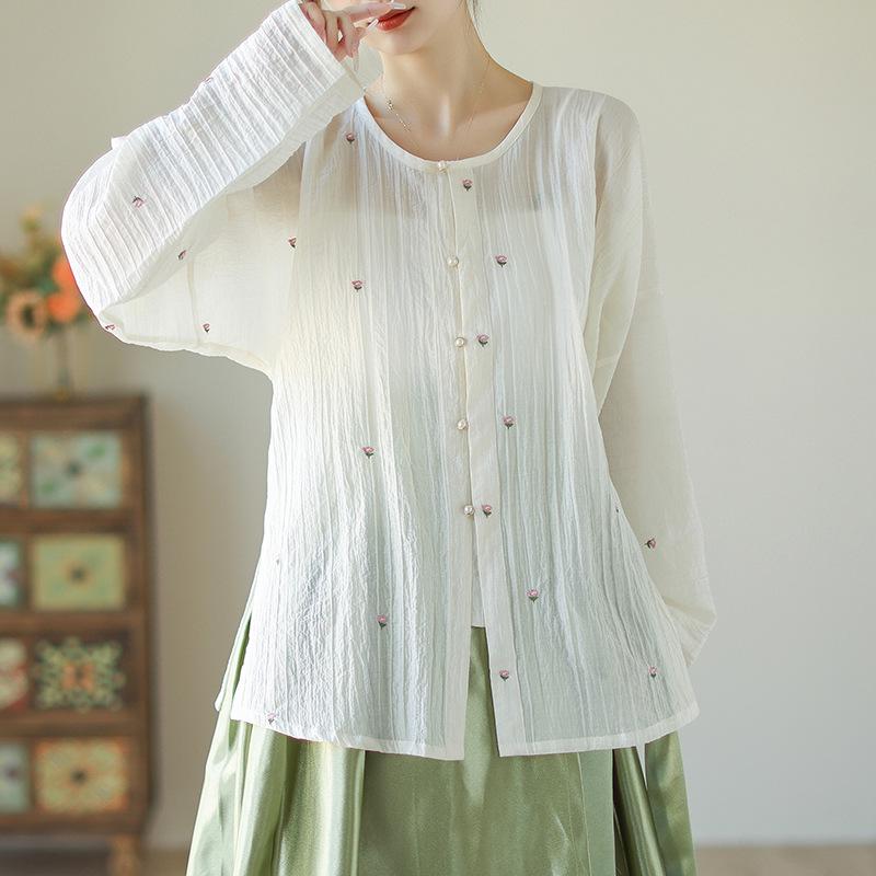 

Dian Dian Hanfu Tencel Embroidered Floral Ming Dynasty Shirt - Round Neck, Straight Sleeve, Seasonal Wear M білий
