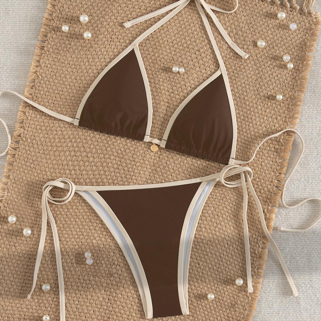 Color Block Triangle Tie Side Sexy Two Piece Bikini Set Elegant For Vacation
