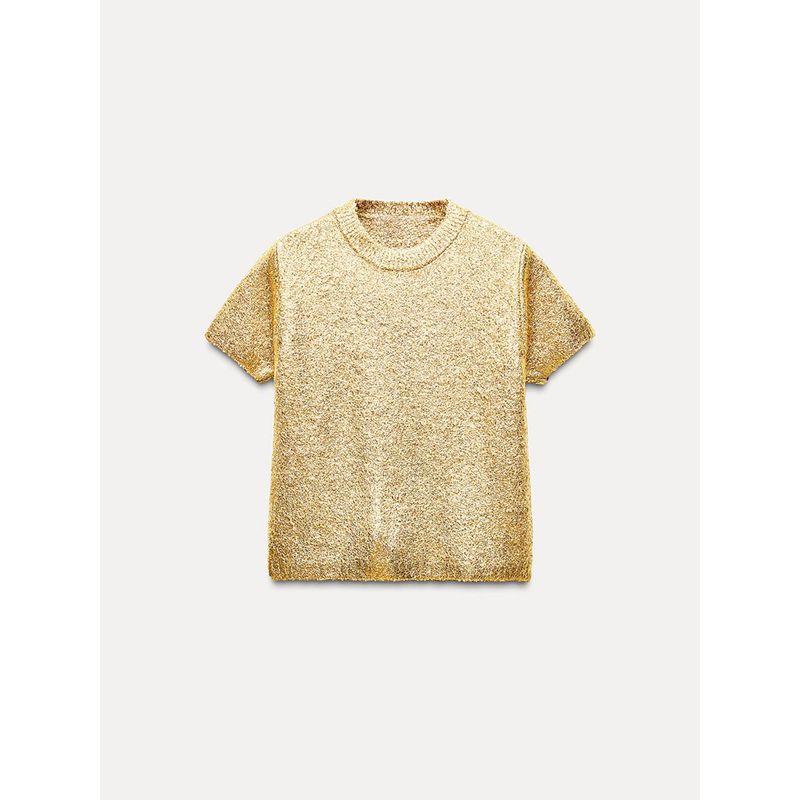 Za2024 Autumn New Women's Clothing Elegant Metal Foil Round Neck Short Sleeve Leisure Pullover Knitwear 6427116