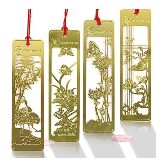 Metal Bookmarks for Books, Stainless Steel Book Markers, Elegant Traditional Chinese Four Gentlemen (Plum, Orchid, Bamboo, Chrysanthemum) Design,