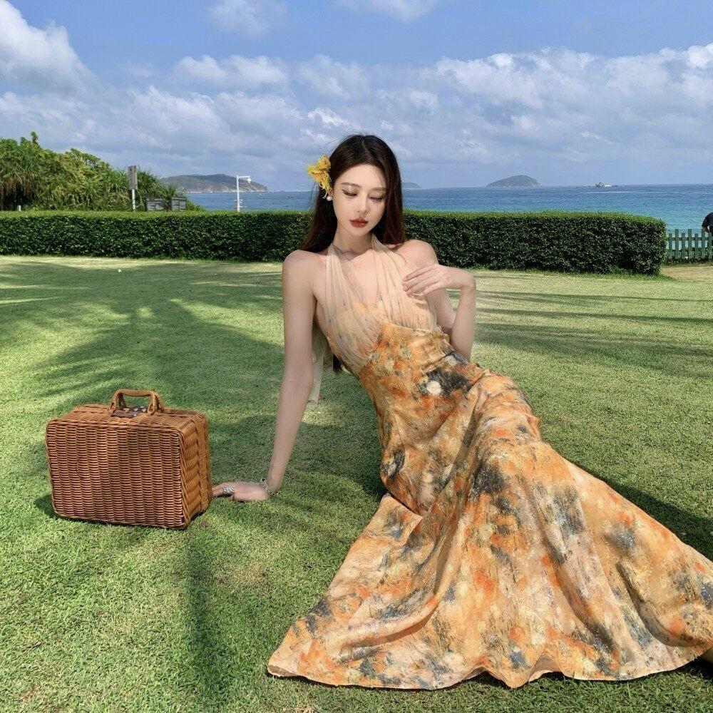 French Yellow Floral Halter-neck Dress for Women, Summer 2026 New Stunning Seaside Vacation Mesh Long Dress