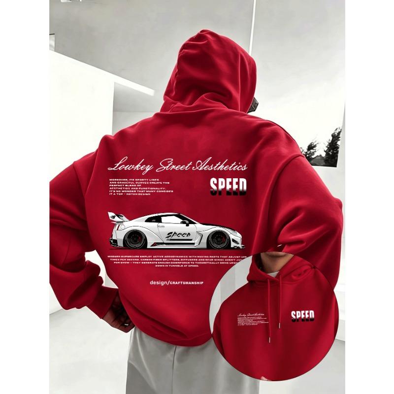 Men's American-style Street Sports Style Sports Car Print Hooded Sweatshirt for Autumn Winter with Added Insulation Thickness.