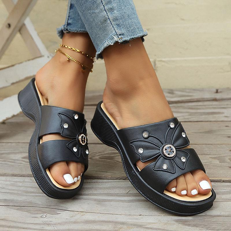 Fashion Shiny Crystal Wedges Sandals for Women Butterfly Decor Chunky Platform Casual Slippers 2025 Summer Thick Sole Non Slip Slides