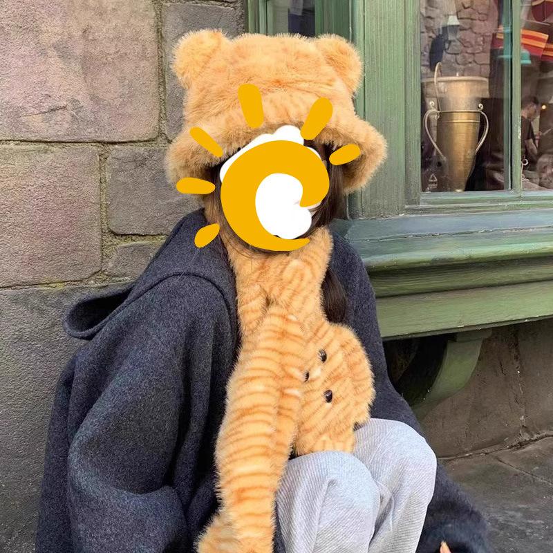 Plush Tiger Pattern Ear Hat Scarf Integrated Bucket Hat Winter Cold and Warm