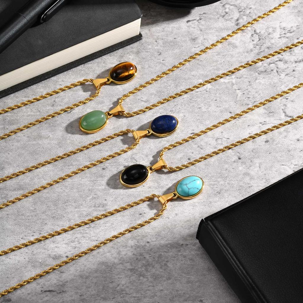 Men's Fashion Minimalist Natural Tiger Eyes Stone Necklace, Stainless Steel Geometric Pendant Necklace, Punk Vintage Jewelry