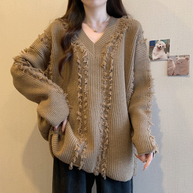 Fashion Plus Size Chubby Girl Autumn and Winter Lazy Style V Neck Pure Color Slimming Slim Fit Loose Casual Long Sleeves Knitwear Sweater