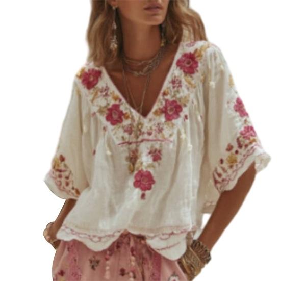 

Women Shirt Embroidery Flower Pattern V-neck Dropped Shoulder Short Sleeve Shirt Tops A-Line Loose L