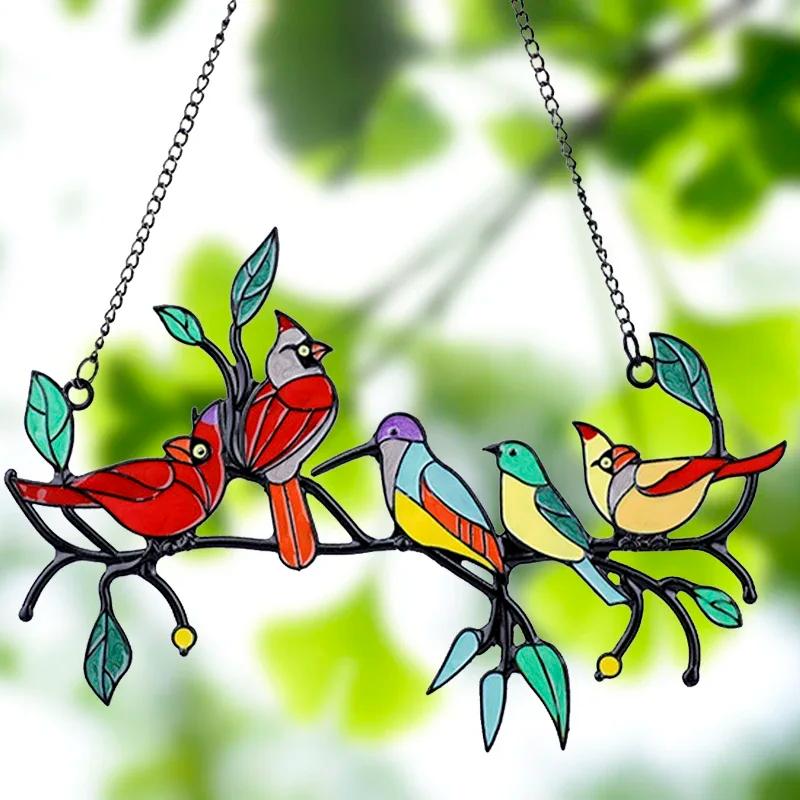 Cardinal Birds Stained Window Panel Hangings Birds Hanging On A Wire On Branch Room Decoration Accessories For Mother’s Day Gift
