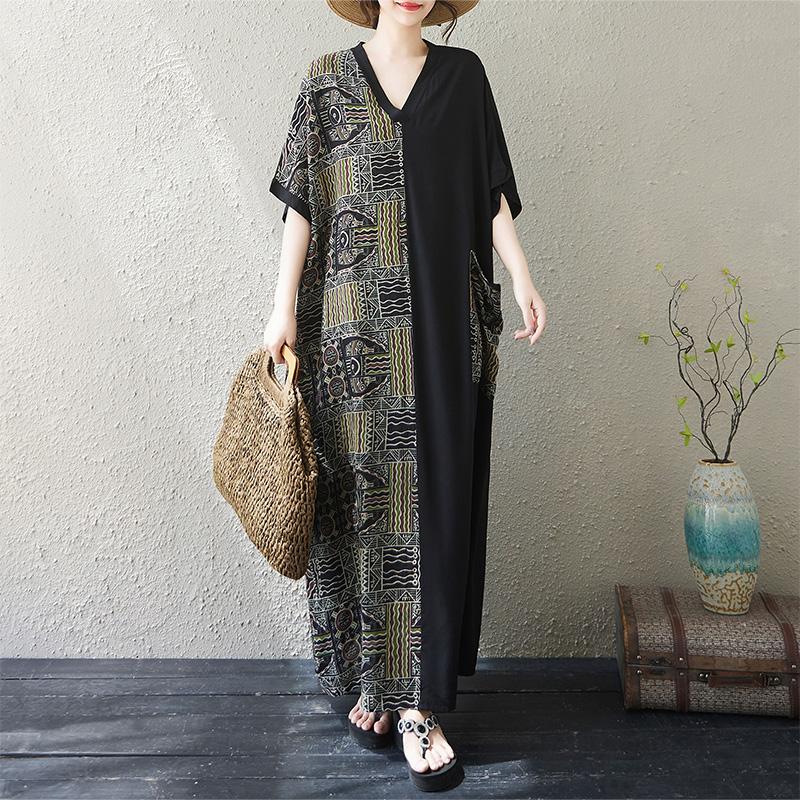 DIMANAF 2025 Summer Women Plus Size Dress Basic Casual Dress Loose Vintage Printing Long Beach Short Sleeve Dress