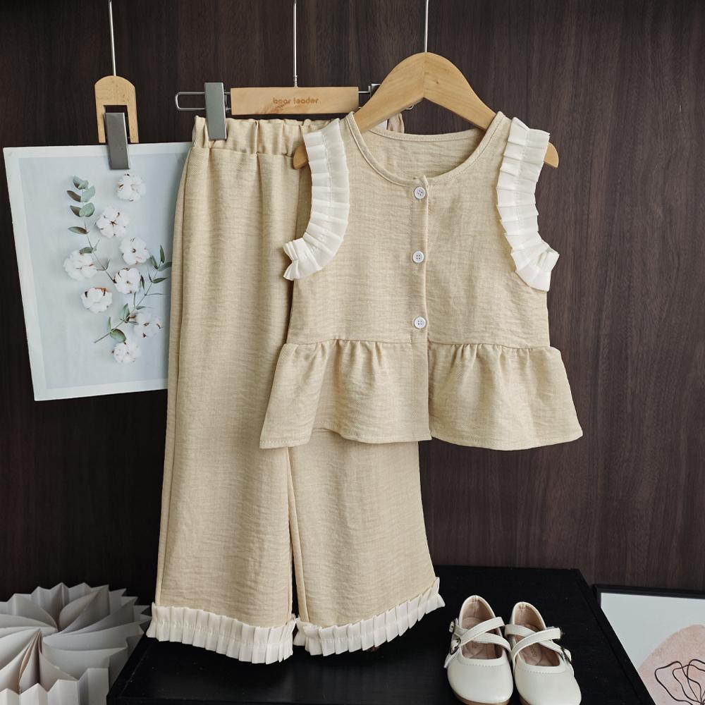 Korean Version Kids Clothes Girls Blue Imitation Denim Suit Summer Sleeveless Wide Leg Pants Two Piece Set