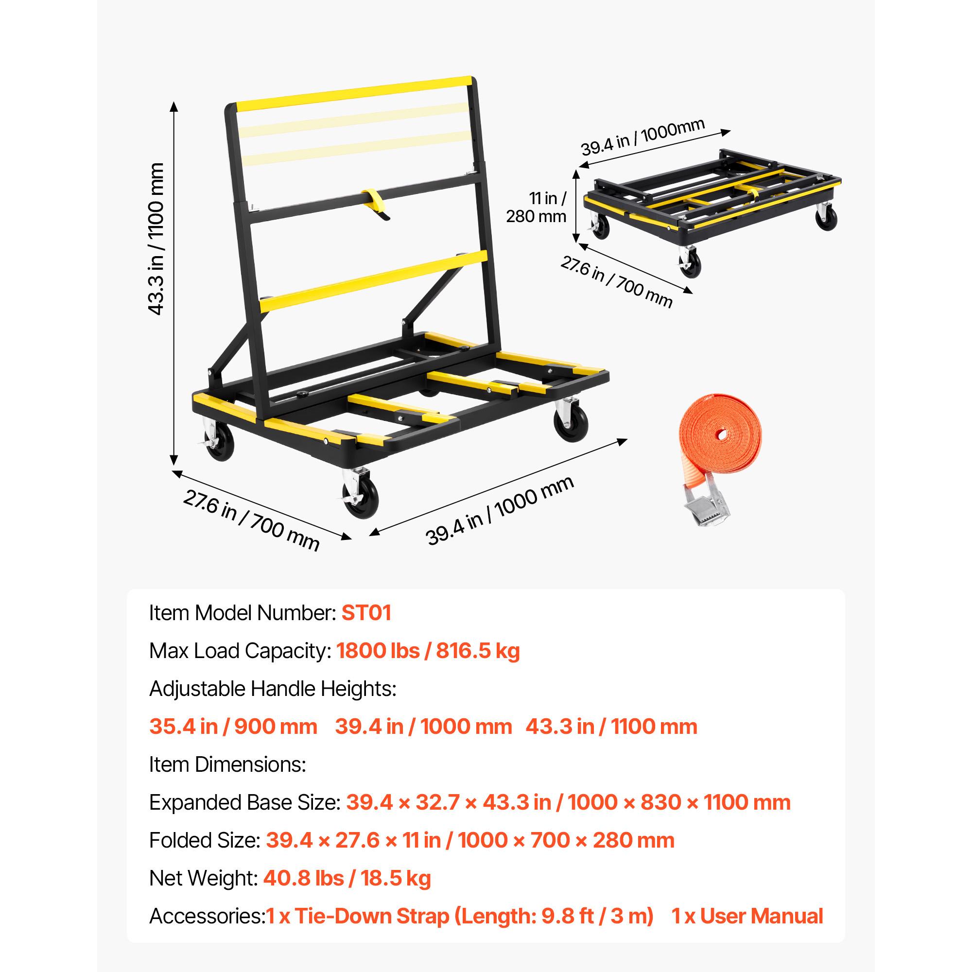 

SucceBuy Drywall Cart Dolly Max Load 1800 lbs Foldable Steel with 4 Swivel Casters Expandable Deck Tie-Down for Handling Glass