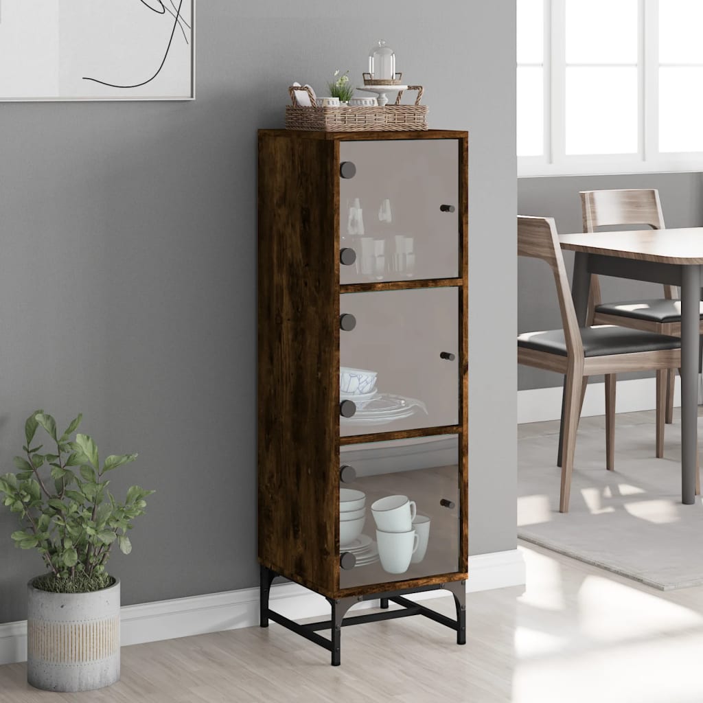 Highboard with Glass Doors Smoked Oak 35x37x120 Cm