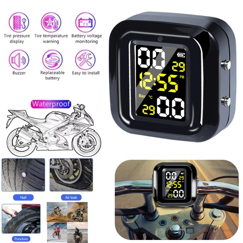 Motorrad Reifendruckmesser LCD Digitalanzeige Externer Motorrad Drahtloser Reifendruckdetektor Überwachung Alarmsystem