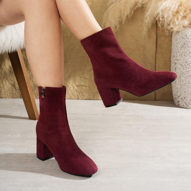 Women Plus Size Square Toe Block Heel Side Zipper Ankle High Heel Fashion Boots