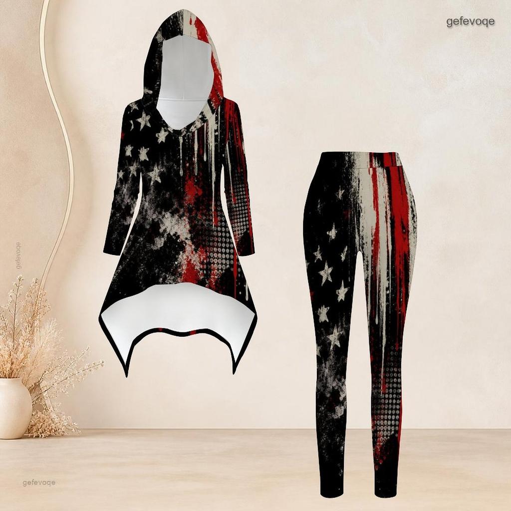 Women Plus Size Black Gold Printed Hooded Long Sleeve High Low Top And Fitted Pants Two Piece Set
