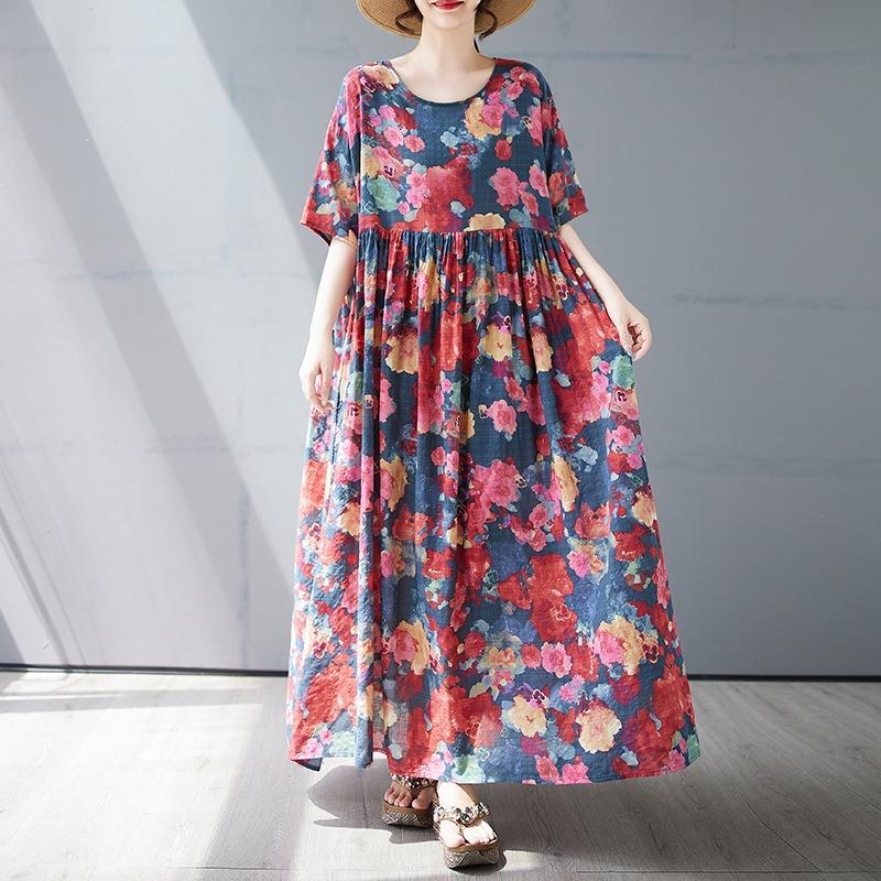 Summer New Simple Bohemian Long Dress Fattened and Enlarged Short-sleeved Crew Neck Printed Dress Women's Clothing