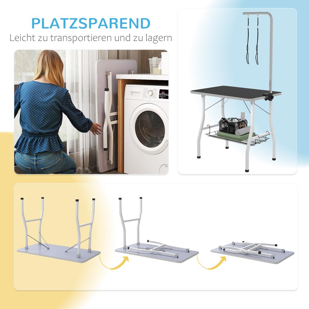 Dog Grooming Table, Grooming Table with Adjustable Arm, Storage Compartment, Rubber Surface, 90 x 60 x 76 cm, Black