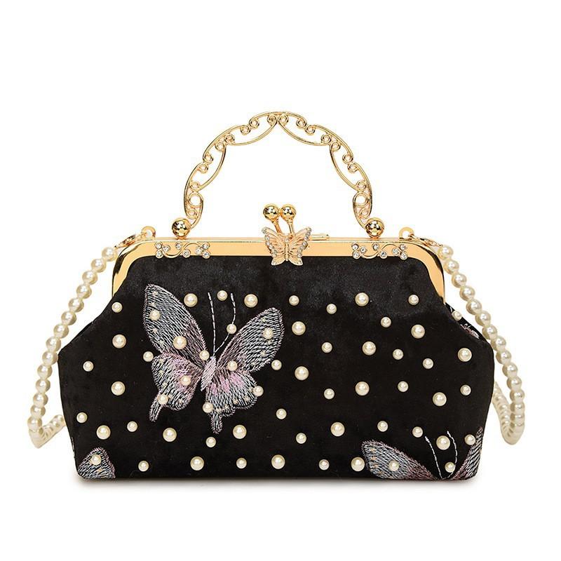 Fashionable Clip Handbag Women s Style Pearl Chain Dinner Bag Temperament All-matching Cross-body Shell чёрный