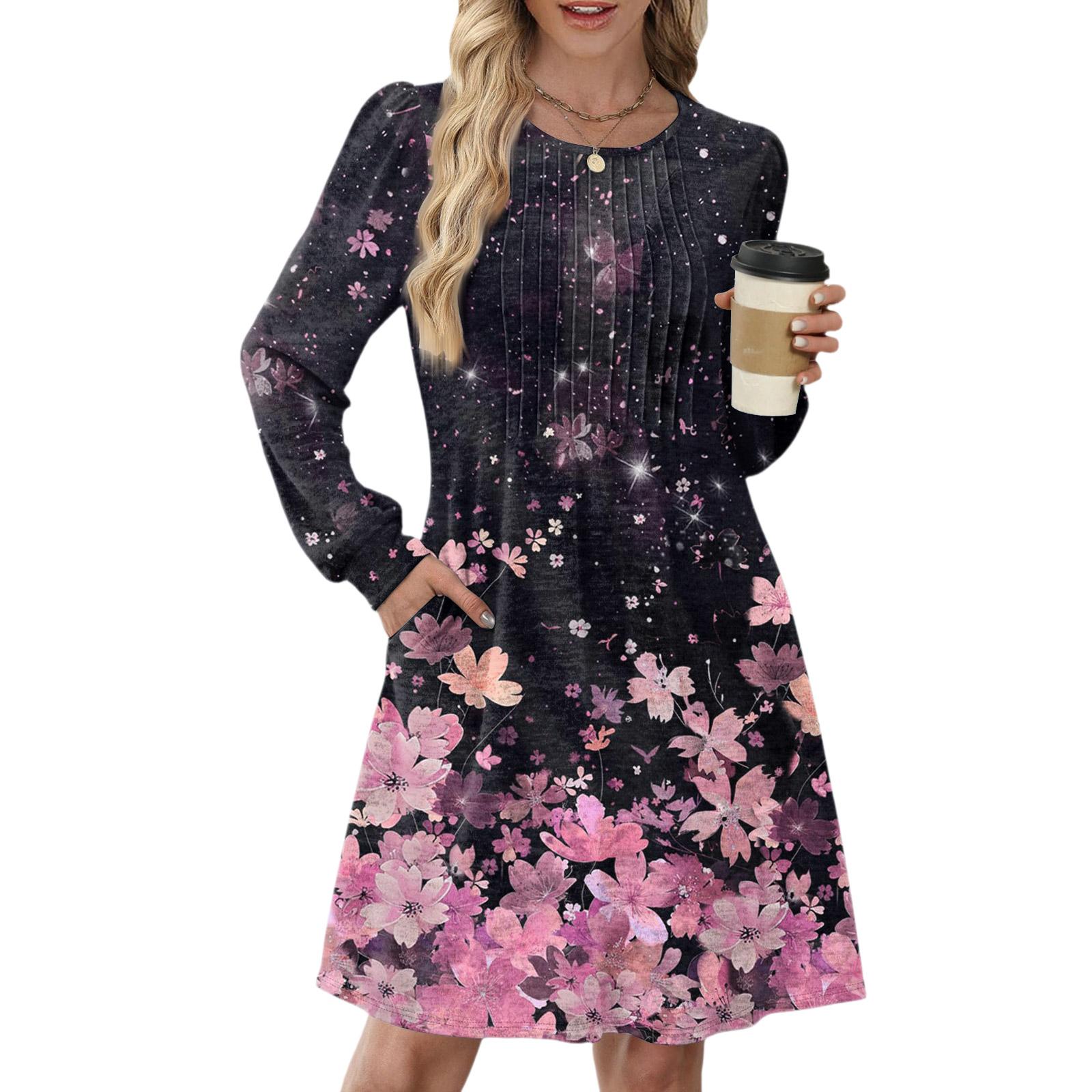 

Женское повседневное платье с длинным рукавом, плиссировкой, круглым вырезом, цветочным принтом и карманами M чёрный