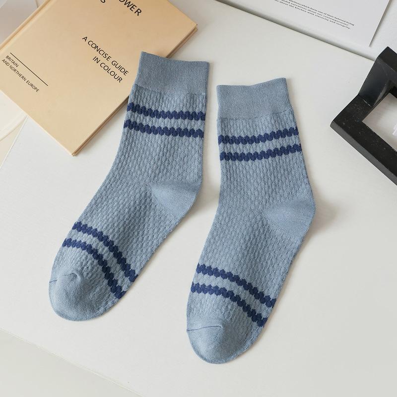 5/10 Paar Herren Doppelstrick Jacquard Streifen Mittelwaden Socken Herbst Gekämmte Baumwollsocken Bequem