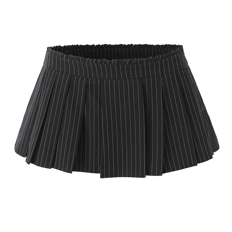 

Wink Korean Women s American-Style Sexy Stylish Lace Stripes Fashion Tape Low Waist Slim Looking Pleated A- line Skirt Skirt Black waist lace S