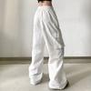 2022 Lässige Taschen Elastischer Bund Damen Hose Weiß Frühling Hohe Taille Schnürung Sporthose Mode Gerade Hose