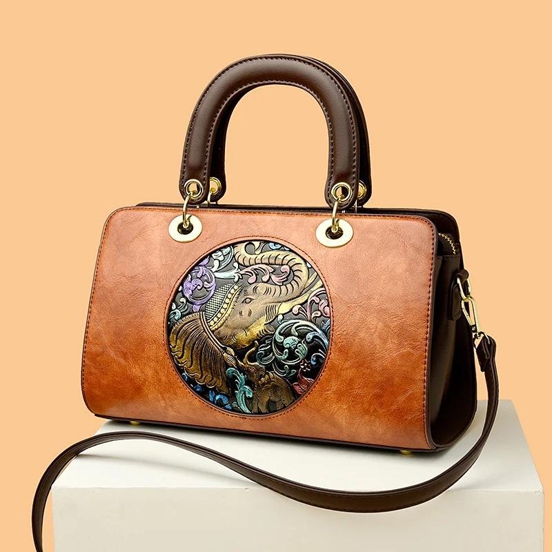 Retro Chinesische Damenhandtasche Neues Luxusmaterial PU Traditionelles Reliefhandwerk Elefantenmuster Damen-Umhängetasche