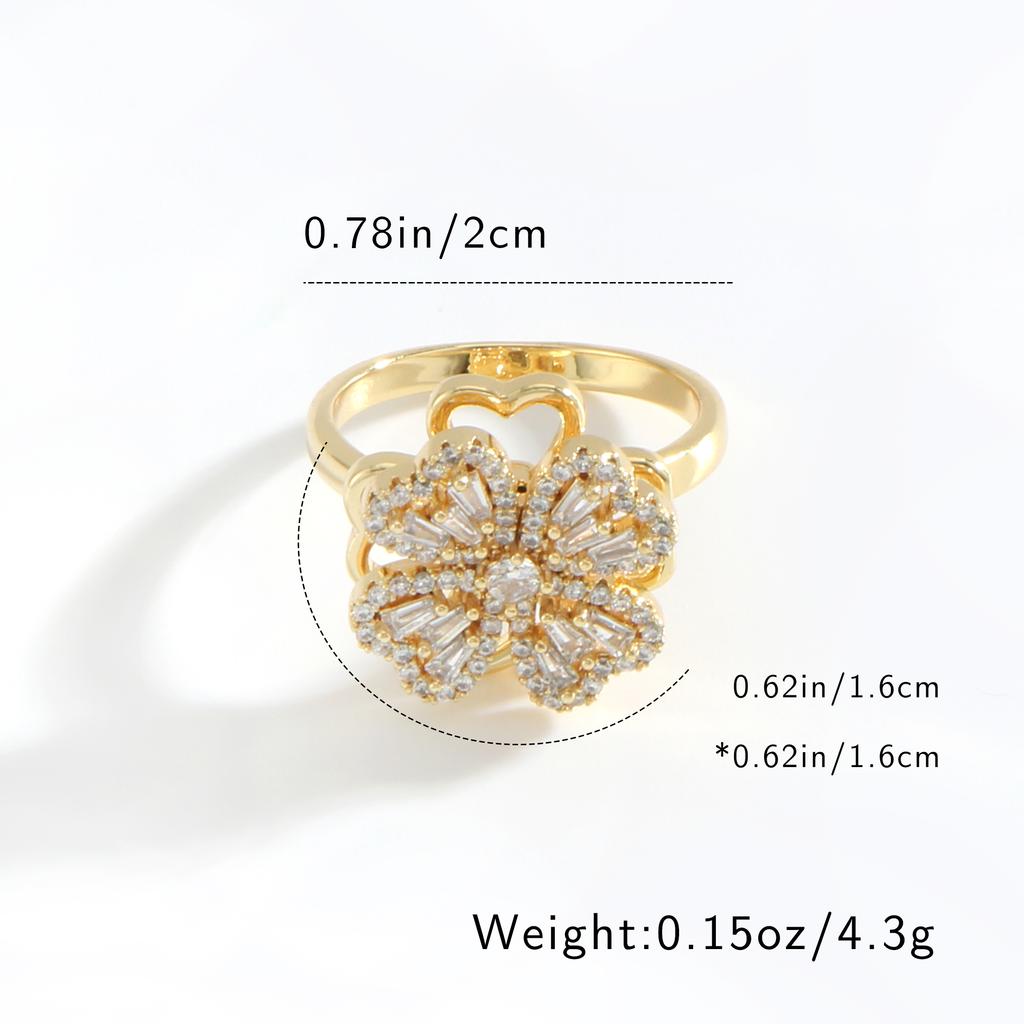 Golden Plated Rotatable Flower Synthetic Cubic Zirconia Ring for Women Luxury Statement Jewelry Gift