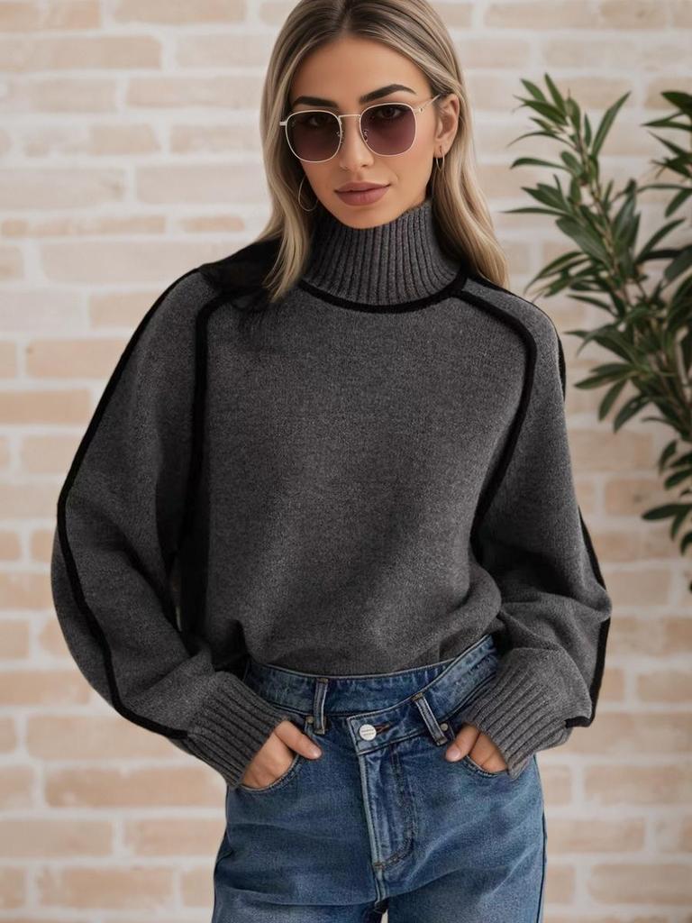 Herbst Winter Rollkragen Gestreifter Strickpullover Damen Lockerer Pullover