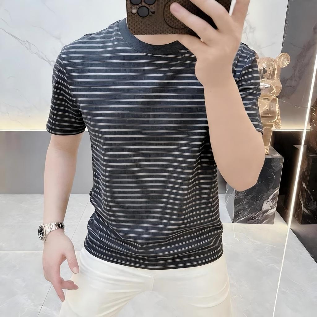 Sommer Herren Rundhals Gestreiftes Kurzarm T-Shirt Mode Lässig Vielseitig