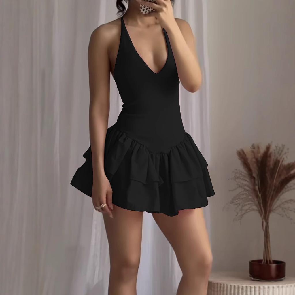 Women Evening Party Spaghetti Strap Solid Color Backless Sexy Deep V Neck Mini Pleated Dress