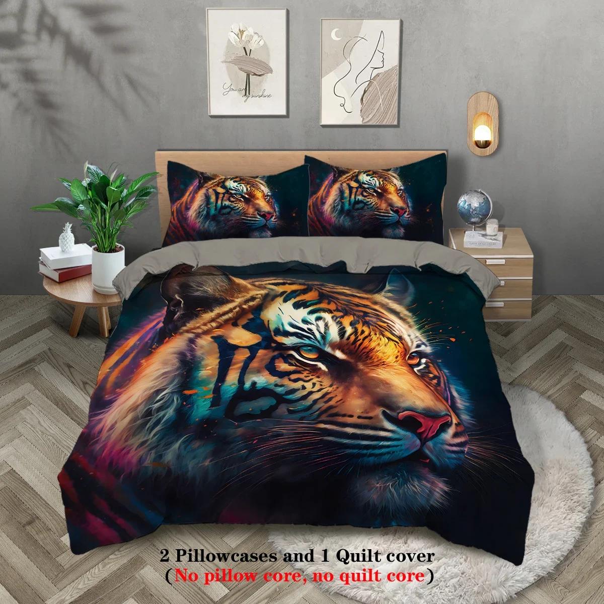 

Three-Piece Set (1 Duvet Cover + 2 Pillowcases, Coreless), Cool Tiger Printed Bedding Set, Multiple Sizes For All Rooms EU Twin(135x200cm)