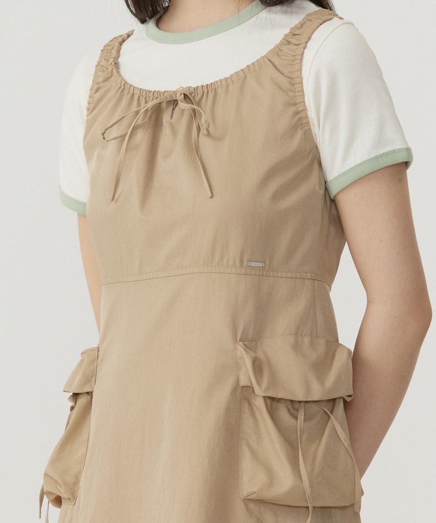 Covernat Woman Shirred Cargo Sleeveless Dress Beige