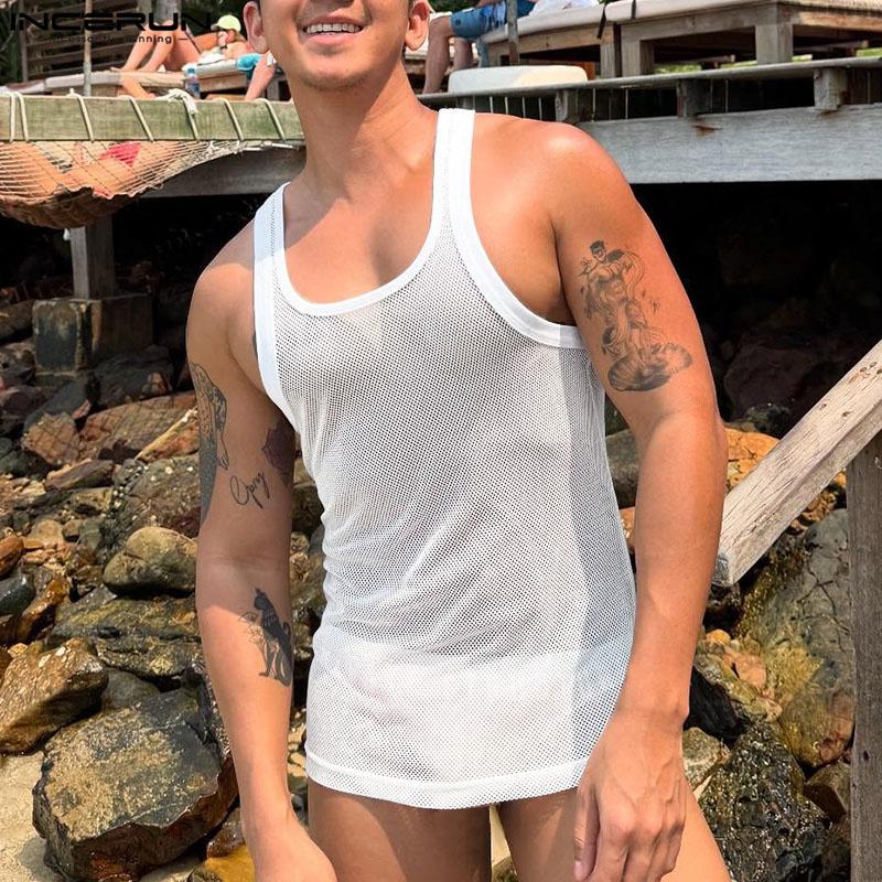 INCERUN Sommer Herren Ärmellos Durchsichtig Mesh Transparent Party Club Tanktops