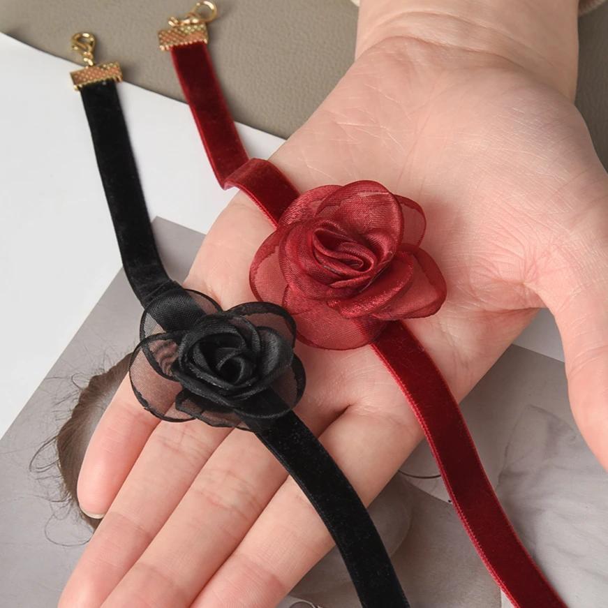 Damen Elegantes Netzblumen-Halsband Damen Bequem Rotes Schwarzes Halsornament Mädchen Leichtes Rosen-Halsband Party Geschenk