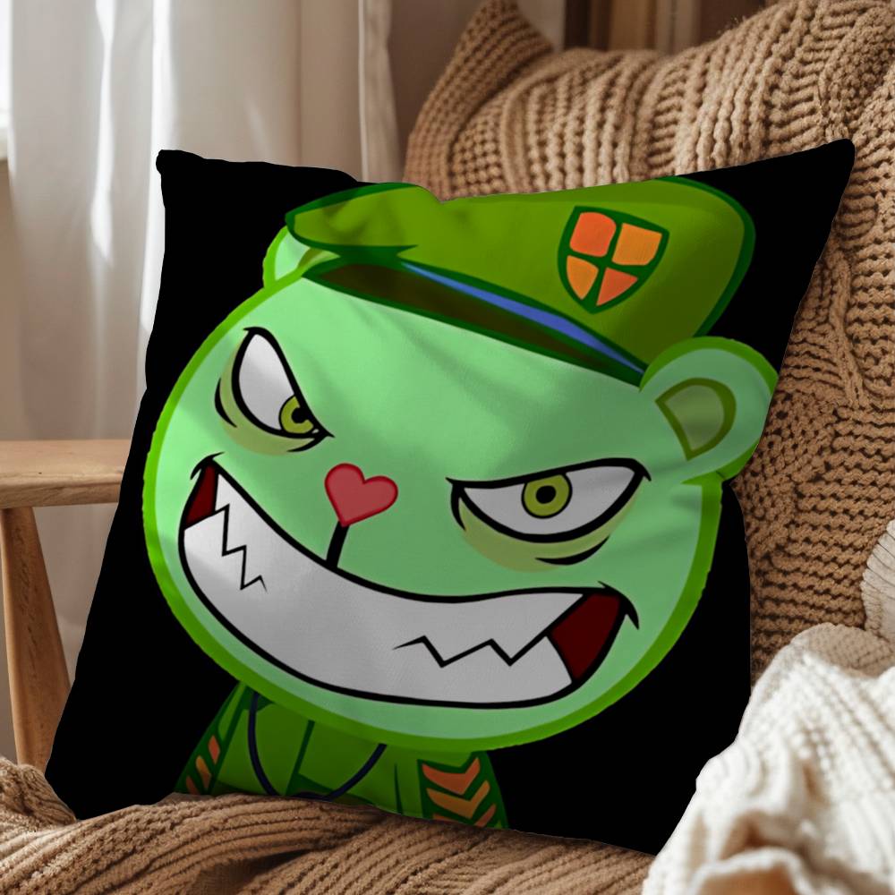 Green Cute Happy HTF Tree Friends Pillow Case Square DoubleSided Printing Short Plush Sofa Cushion Cover Bedroom Bedside Pillow