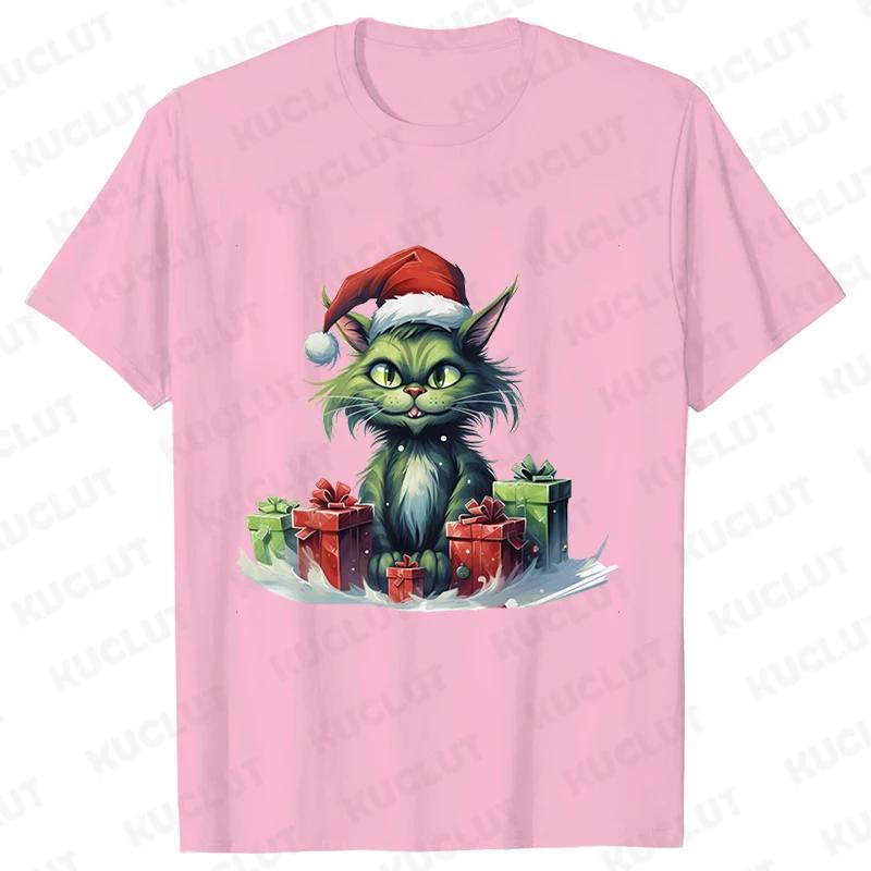 New Year Short Sleeve Tshirt Cute Cat Print Tops Fashion Xmas Unisex Tees Shirt Trend Graphic Christmas Male Oversized Clothing
