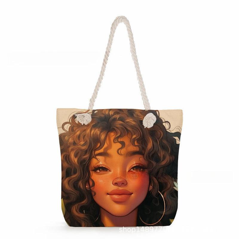 Multifunctional Black Girl Printed Thick Rope Shoulder Beach Bag 7573 KTB